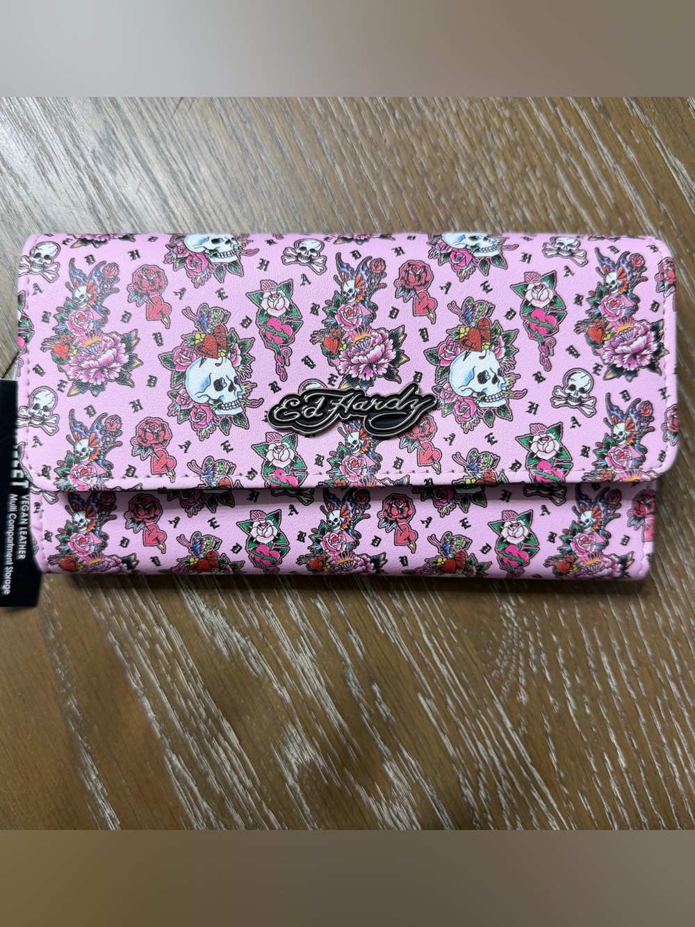 Ed Hardy Pink Tattoo Skull & Rose Tri-Fold Fold-Over Clutch Wallet